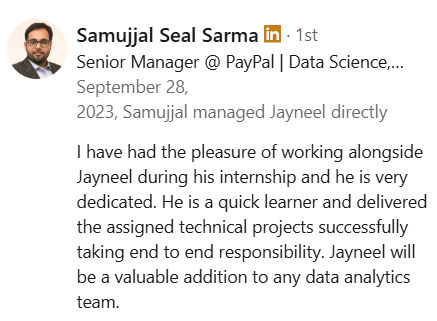 LinkedIn recommendation from PayPal manager for Jayneel Shah